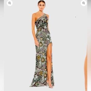 Mac Duggal One-Shoulder Floral Sequin Gown in Green, Gold & Pink
